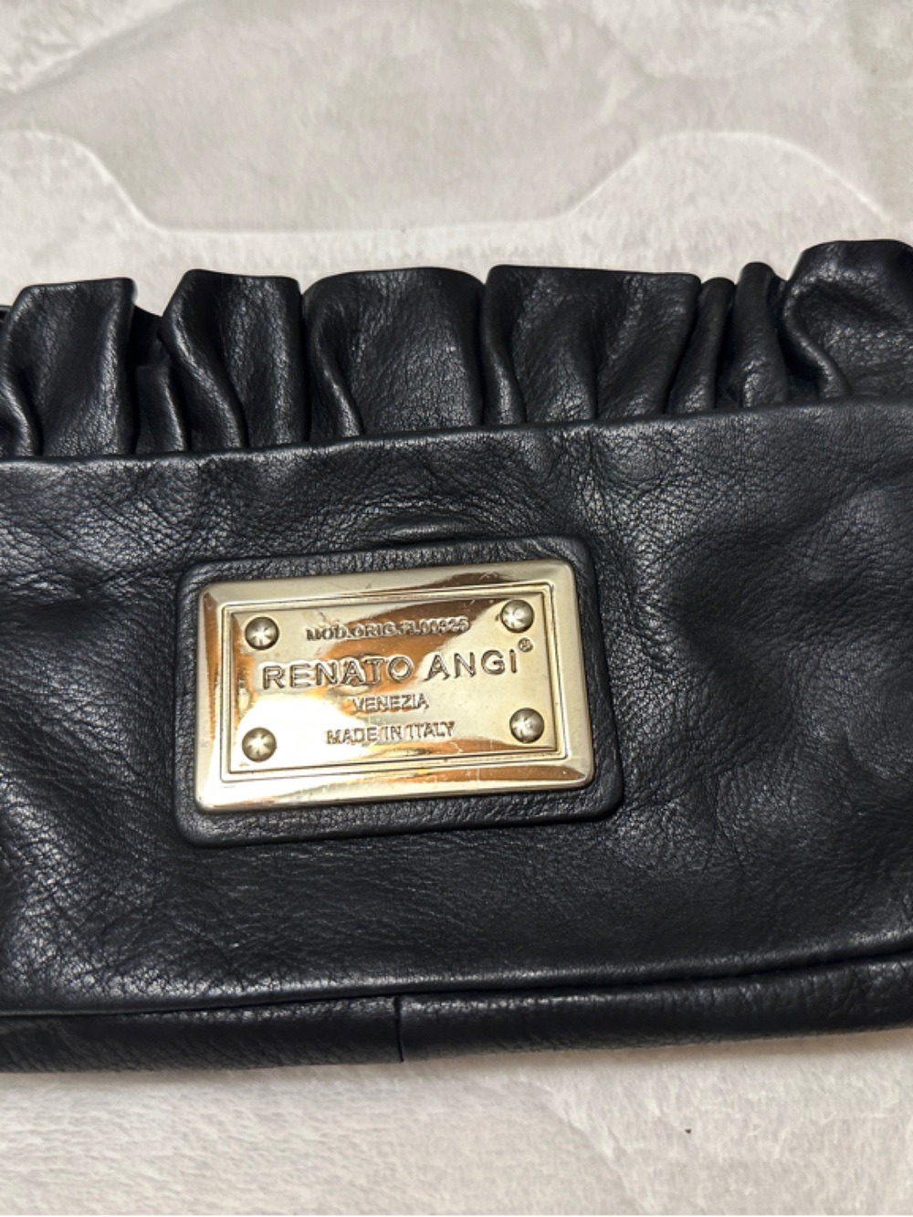 Renato Angi Black Leather Ruffle-Top Clutch with Gold Plaque